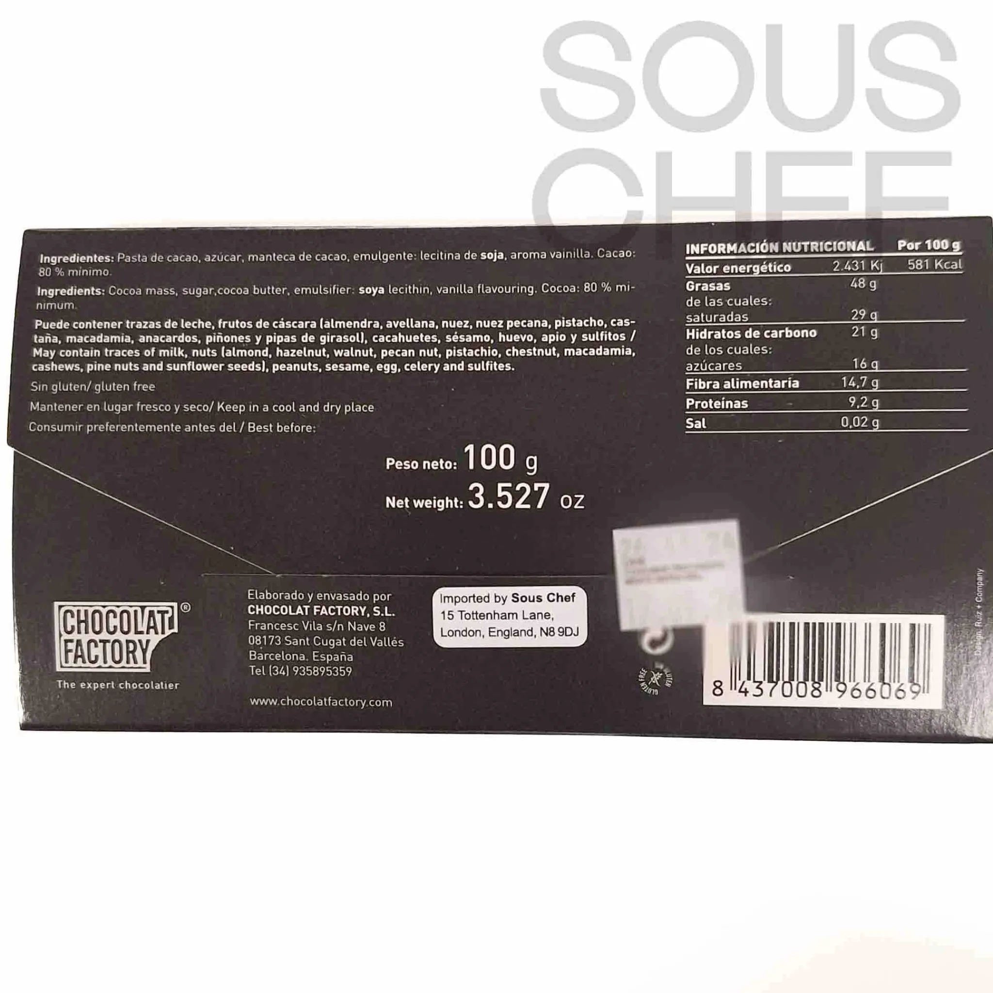 Chocolat Factory 80% Dark Chocolate Bar, 100g