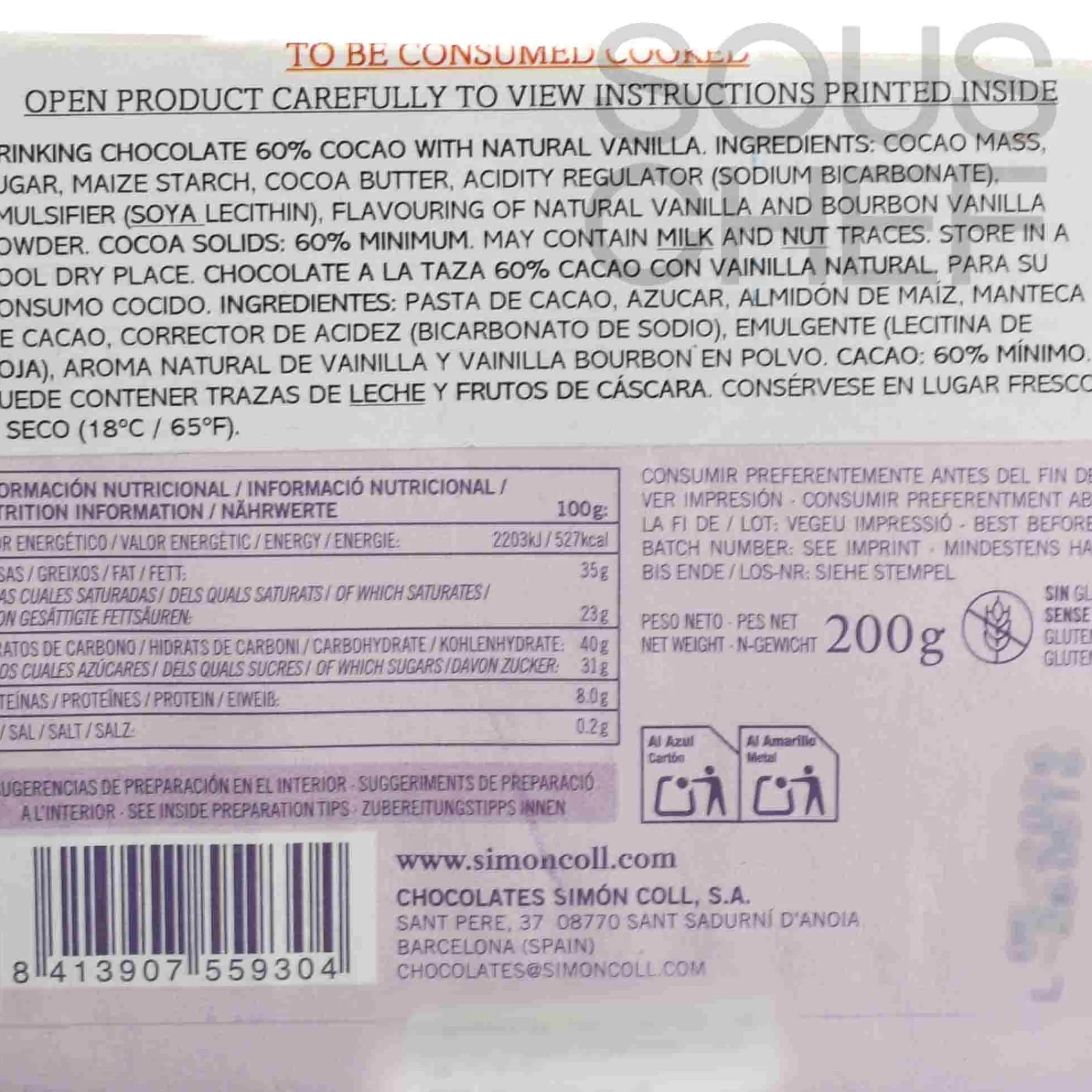 Simon Coll Drinking Chocolate Bar with 60% Cocoa & Bourbon Vanilla, 200g Sale