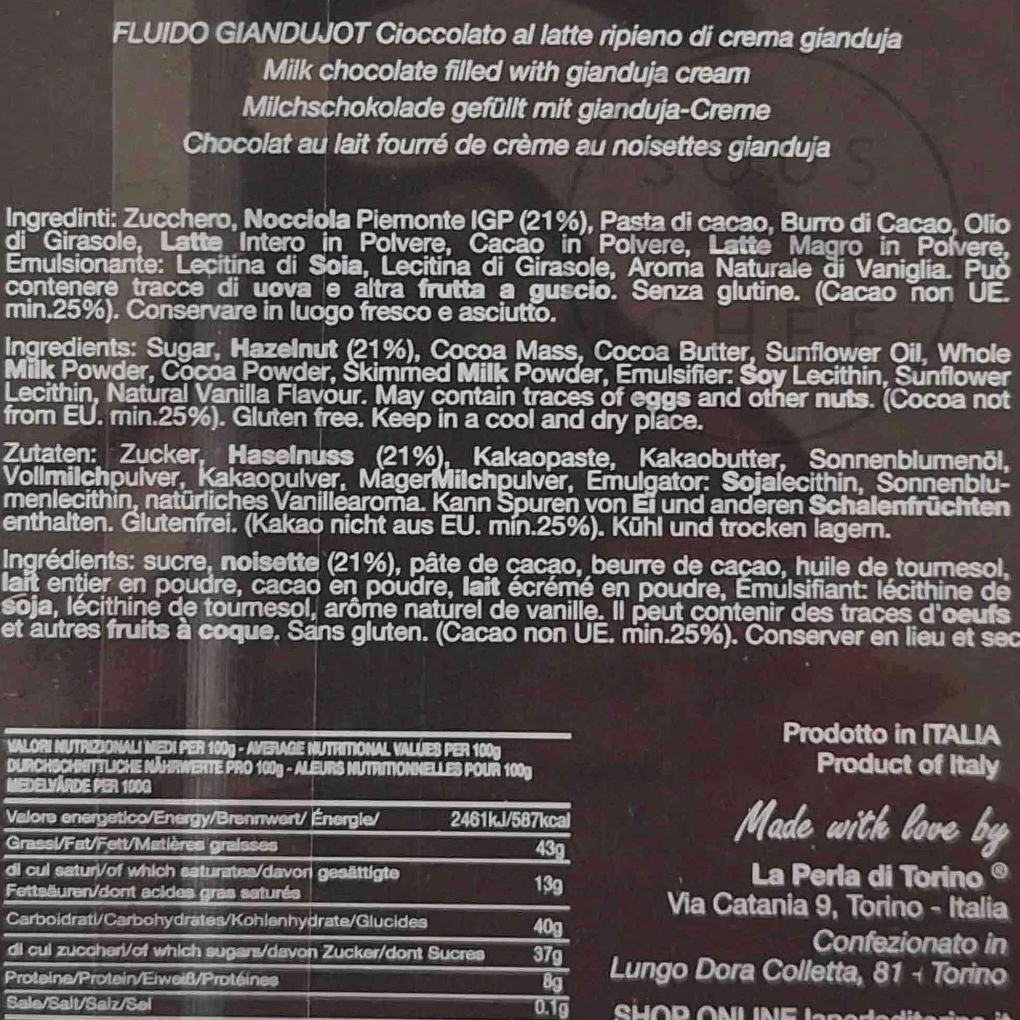 La Perla di Torino Fluido Cream Filled Gianduja, 200g