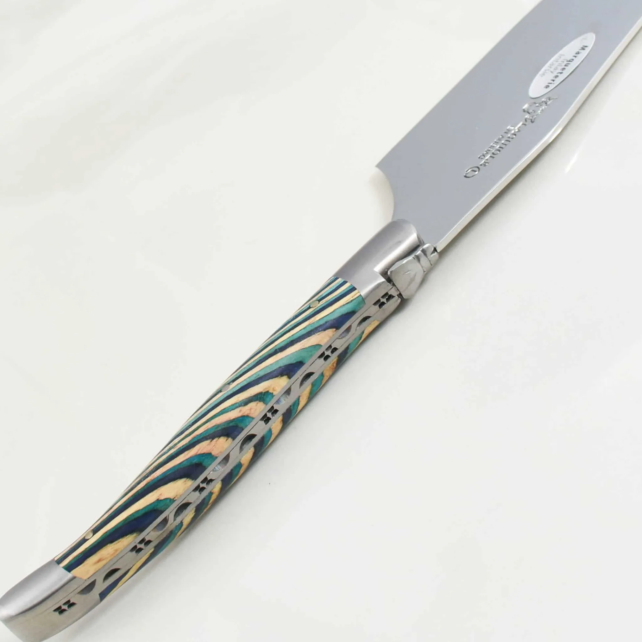 Laguiole en Aubrac Turquoise Hard Cheese Knife, Striped Wood Best