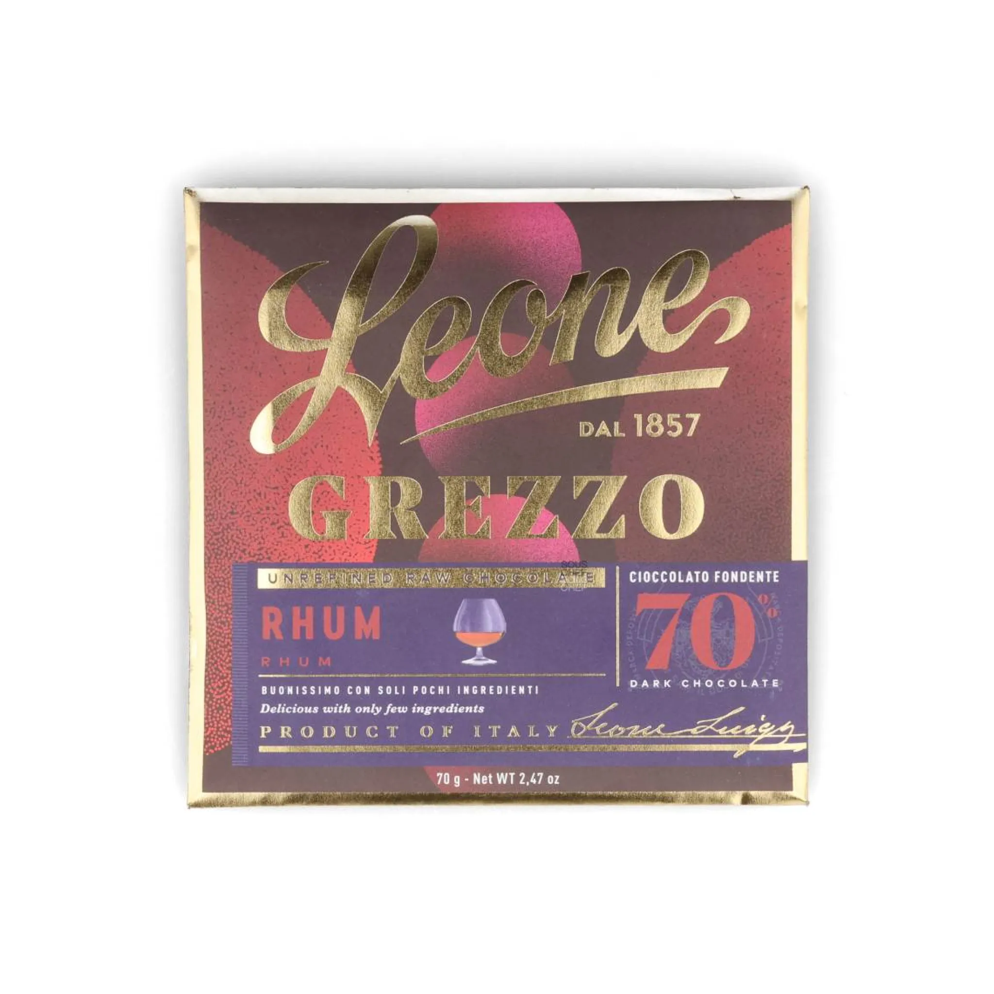 Leone Raw Unrefined 70% Rum Dark Chocolate Bar, 70g Clearance