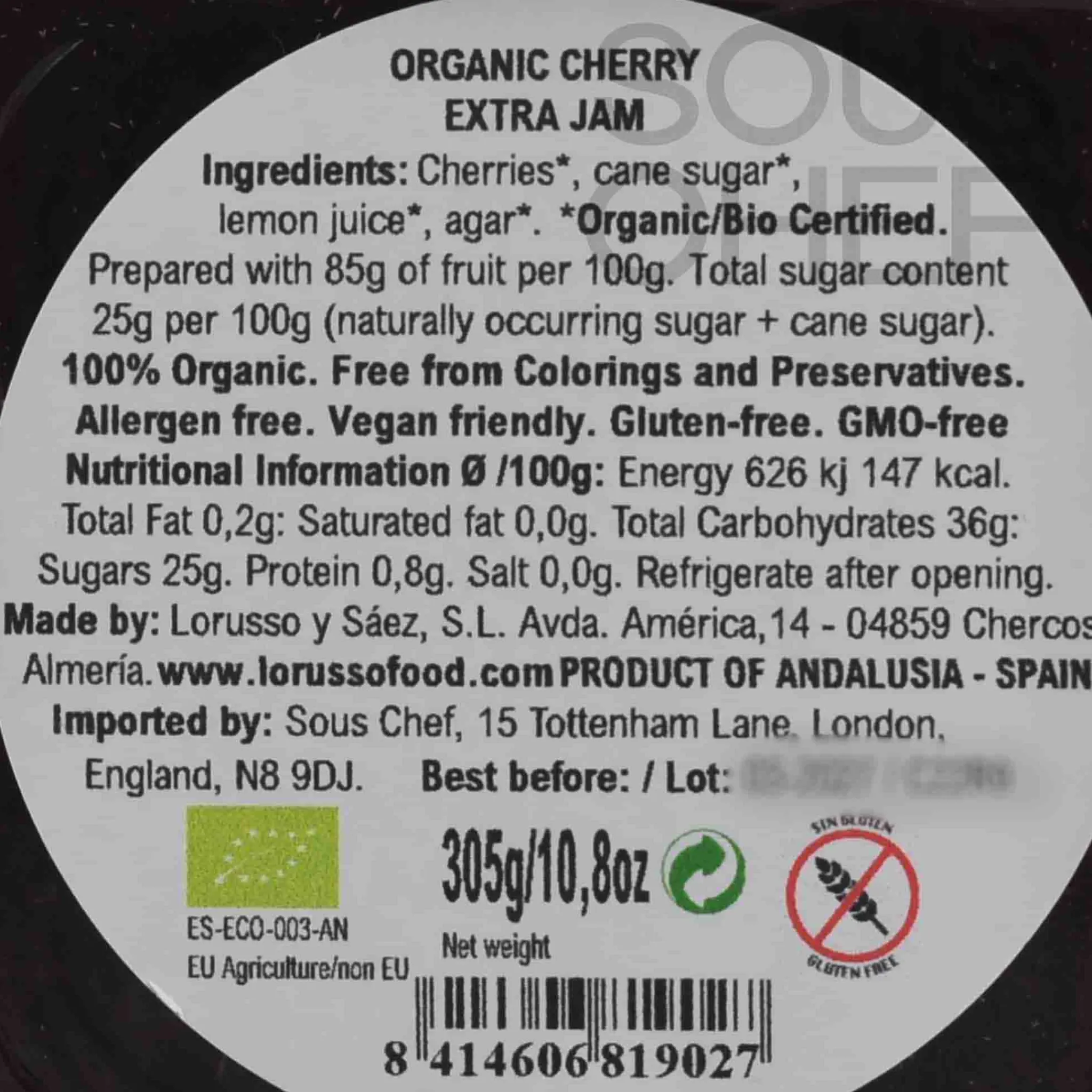LoRUSSo Organic Artisanal Cherry Jam, 305g