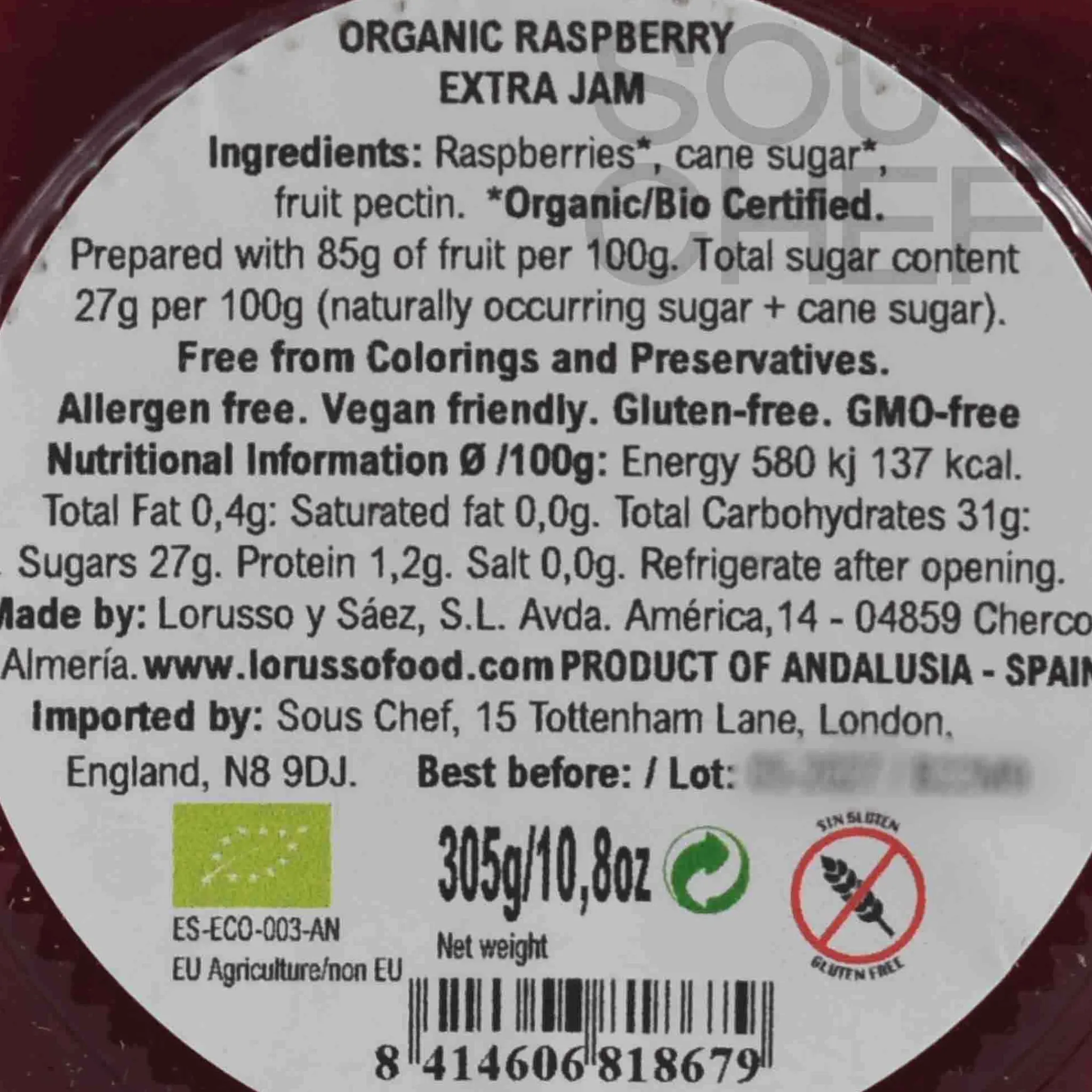 LoRUSSo Organic Artisanal Raspberry Jam, 305g Online