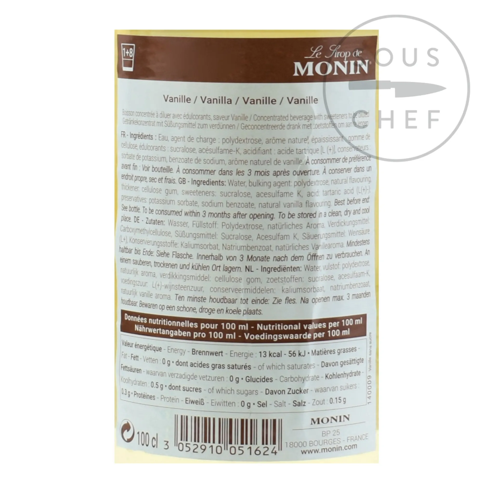 Monin Sugar Free Vanilla Syrup, 1 litre
