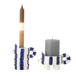 Bloomingville Set of 2 Blue Striped Cat Candle Holders Clearance