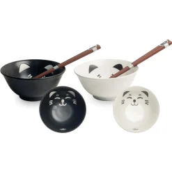 Kiji Stoneware & Ceramics Set of 2 Lucky Cat Japanese Rice Bowls with Chopsticks Clearance