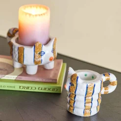 Bloomingville Set of 2 Yellow Striped Cat Candle Holders New