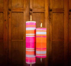 British Colour Standard Striped Pillar Candle, Orange & Pink, 10cm New