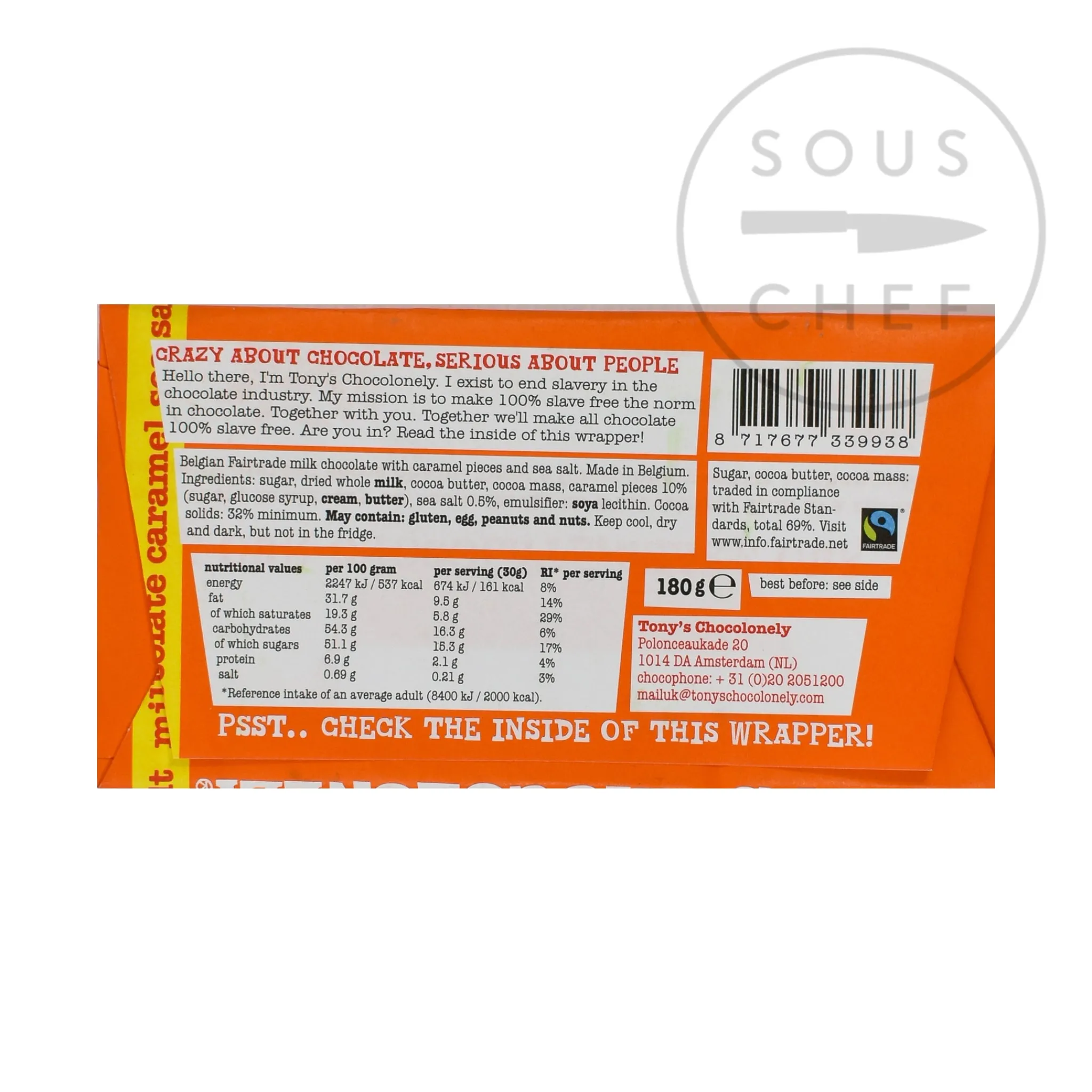 Tony's Chocolonely Milk Chocolate Caramel & Sea Salt, 180g Outlet