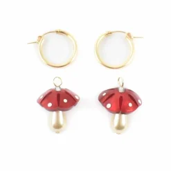 Wolf & Moon Red Mushroom Hoop Earrings New