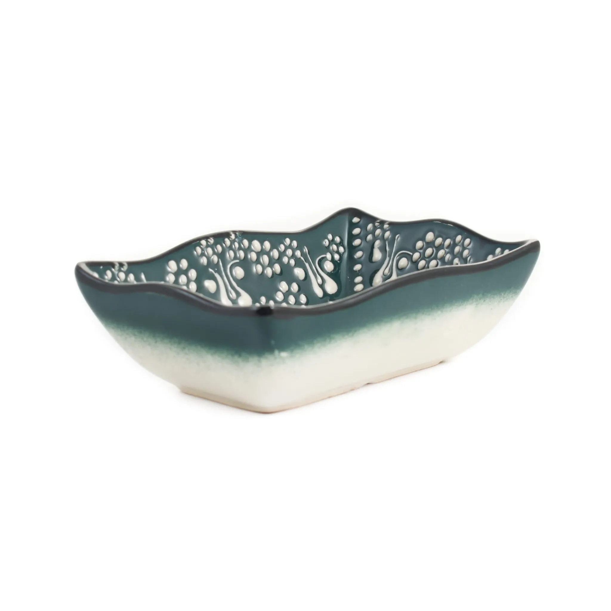 El Boyali Seramikler Yesil Ve Beyaz Boyali Wavy Edge Snack Dish, 13.5cm Hot